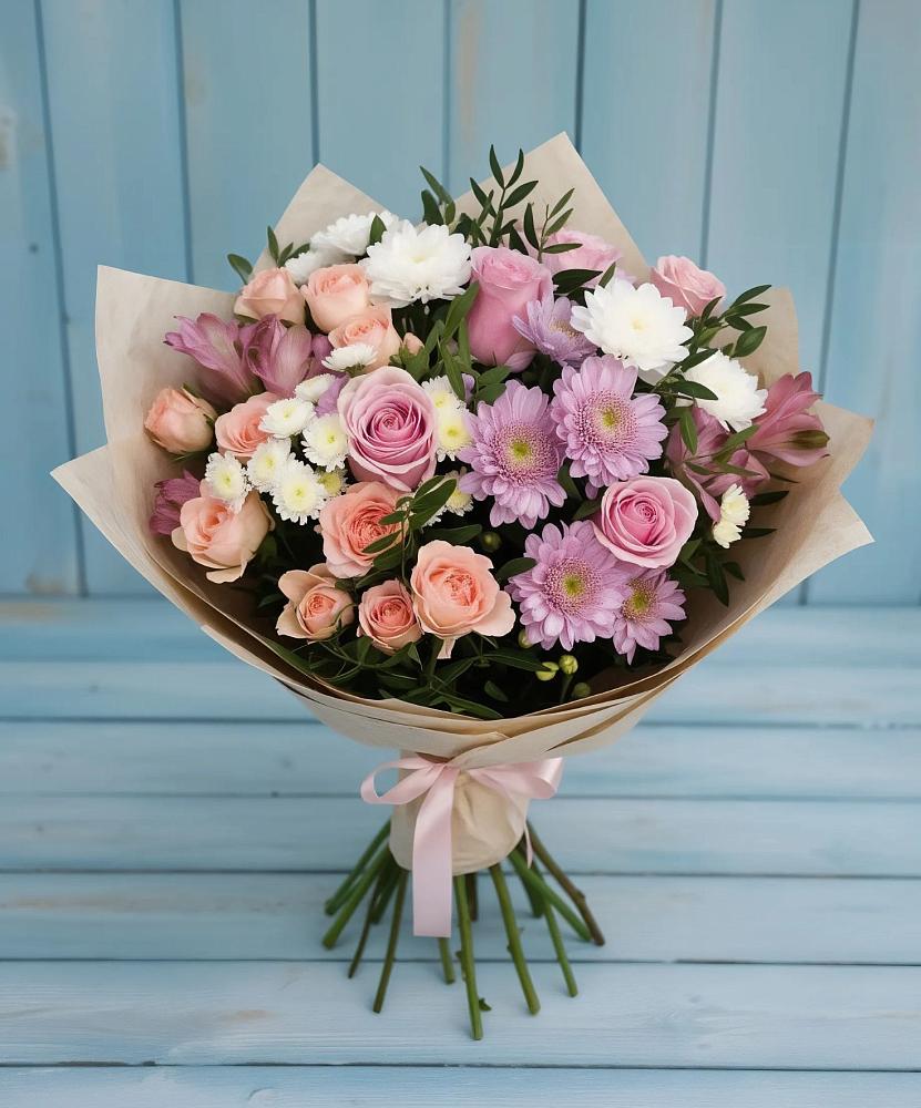 Букет цветов из: Хризантемы, Розы и Альстромерии в Старонижестеблиевской