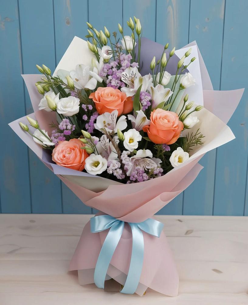 Букет цветов из: Лизиантусы, Розы, Альстромерии и Гипсофила в Старонижестеблиевской