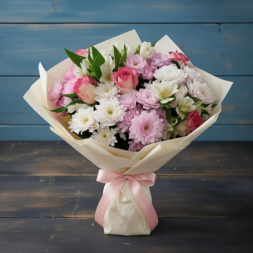 Букет цветов из: Хризантемы, Альстромерии и Розы в Старонижестеблиевской